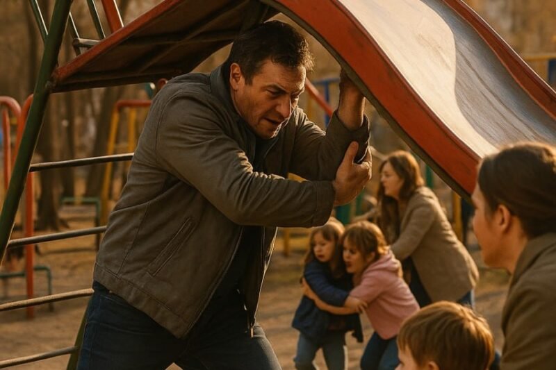 🔥 VŠECHNO SE STALO BĚHEM VTEŘINY – A TEN MUŽ UDĚLAL NEMOŽNÉ! 😱  Na novém hřišti se skluzavka začala nebezpečně naklánět ⚠️ Čtyři děti uvízly nahoře a rodiče nevěděli, co dělat 🤯  Z davu se vynořil neznámý muž 🧍‍♂️ – neváhal a podrazil rameno pod padající konstrukci, dokud děti nezachránili 🆘👶  👉 Co se stalo potom, nikdo nečekal… celý příběh v komentářích 👇