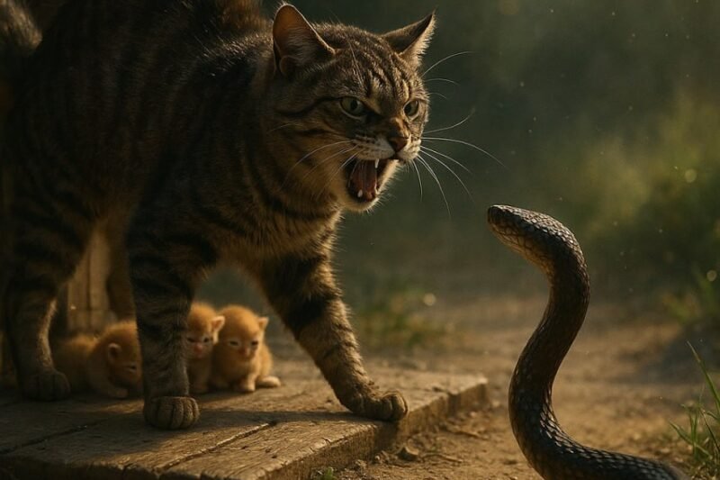 Tato kočka udělala něco neuvěřitelného – postavila se hadovi a chránila svá novorozená koťata 😱🐱🐍  Brzy ráno se z trávy vyplazil dlouhý had, který mířil k malým koťátkům. Ale mezi nimi a nebezpečím stála dospělá kočka, syčela a blokovala cestu – nedovolila hadovi přiblížit se ani na centimetr.  Koťata se choulila v bezpečí a napětí stoupalo… 👉 Co se stalo potom, nikdo nečekal! Pokračování v komentářích 👇