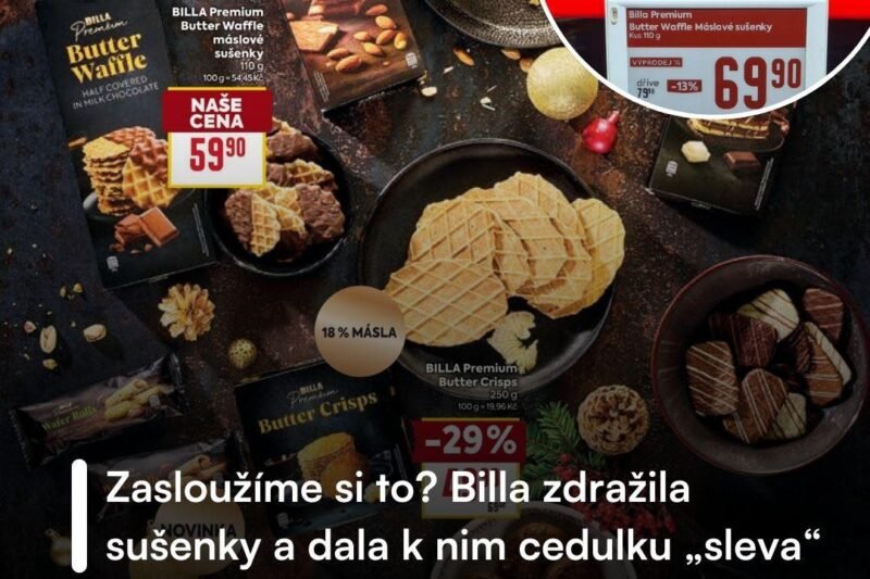 🤷‍♂️Cenový paradox v obchodech? Ještě v prosinci prodávala Billa sušenky Butter Waffle za 59,90 Kč. Po Novém roce se objevily na regálech za 69,90 Kč — ovšem s visačkou „sleva“ z 79,90 Kč. Výsledek je jednoduchý: zákazník v akci platí víc než před měsícem 😢