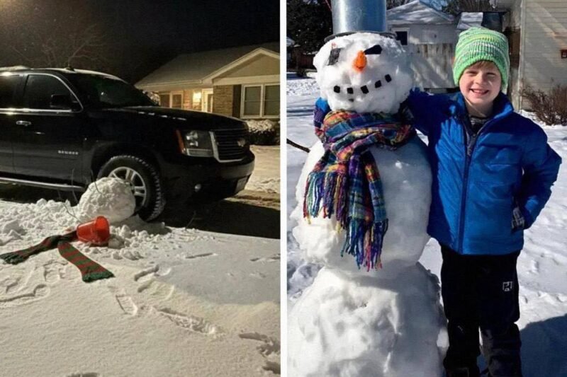 Můj osmiletý syn Nick se této zimy úplně ponořil do stavění sněhuláků ⛄. Každý den po škole si oblékl teplou bundu, rukavice a čepici a pečlivě tvaroval sníh na rohu naší zahrady poblíž příjezdu. Každý sněhulák měl své jméno, klacky jako ruce, kamínky jako oči a šálu, protože podle Nicka jen tak byli „oficiální“ 🧣. A téměř pokaždé, když přišel večer, byly sněhuláci zničeni. Náš soused, pan Streeter 🚗, má totiž ve zvyku zkracovat okraj našeho trávníku, a stopy od pneumatik byly vždy patrné. Už dvakrát jsem ho na to upozorňovala, ale pokaždé mávl rukou a tvrdil, že byla tma a „přece jen sníh“. Nick už se tomu nechtěl jen tak dívat – měl tajný plán 😏. A jednoho večera, přesně když se auto pana Streetera stáčelo do příjezdu, venku se ozval náhlý, tvrdý zvuk a hlasitý křik. Když jsem vběhla do obýváku, Nick stál u okna a smál se, a já jsem jen vykřikla: „CO JSI UDĚLAL?!“ 😱👀👇